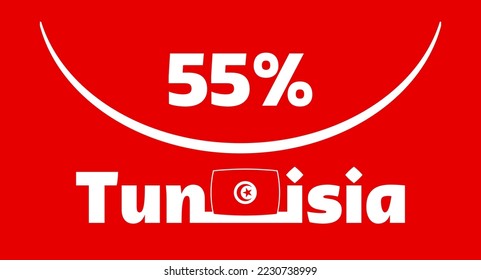 55% Tunisia sign label vector art illustration with visible font, stylized in white color on a red background