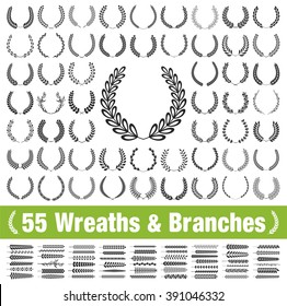 55 wreaths and branches set. Vector illustration. Wreaths collection XVII.