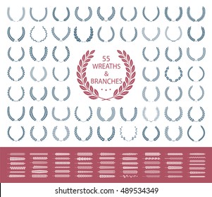 55 wreaths and branches set. Vector illustration. Wreaths collection IX.