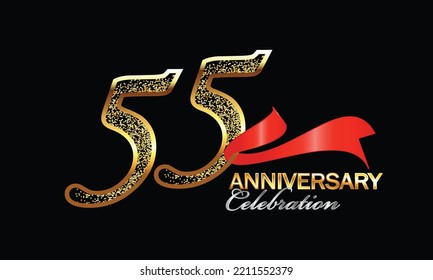 55 Year Anniversary celebration Vector Design with red ribbon and glitter. 55th Anniversary celebration. Gold Luxury Banner of 55th Anniversary. fifty-fifth celebration card