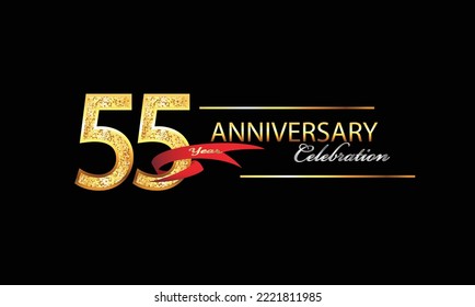 55 Jahre Jubiläum Vector Design. 55. Geburtstagsfeier. Gold Luxury Banner des 55. Jubiläums mit rotem Band und Glitter. Hintergrundfeier. Vektor-Jubiläum