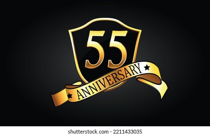 55 year anniversary logo with golden shield and ribbon. Dark elegant concept anniversary. 55th Anniversary celebration background. fifty-fifth anniversary banner vector	