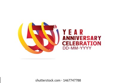 55 Year Anniversary, Red Color Text and Yellow-Orange-Blue Ribbon. Isolated graphic anniversary for banner, greeting card - vector