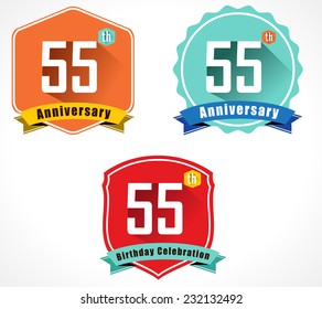 55 year birthday celebration flat color vintage label badge, 55th anniversary decorative emblem - vector illustration eps10