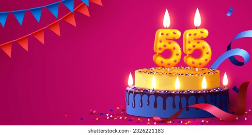 55 years anniversary. Cake with burning candles and confetti. Birthday banner. Vector illustration