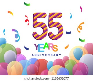 55 years anniversary celebration with colorful balloons and confetti, colorful design for greeting card birthday celebration