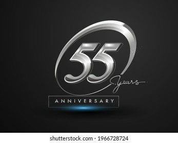 55 Years Anniversary Celebration. Anniversary logo with ring and elegance silver color isolated on black background, vector design for celebration, invitation card, and greeting card