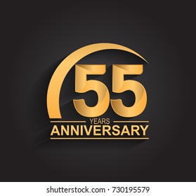 55 years anniversary celebration. Anniversary logo with swoosh and elegance golden color isolated on black background, vector design for celebration, invitation card, and greeting card