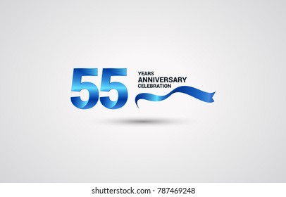 55 Years Anniversary celebration logotype colored with shiny blue, using ribbon and isolated on white background