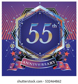 55 years anniversary colorful logo celebration with ring and ribbon. Symbol and template for greeting card