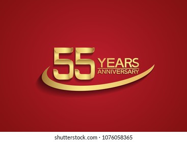 55 years anniversary design with swoosh golden color isolated on red background for celebration