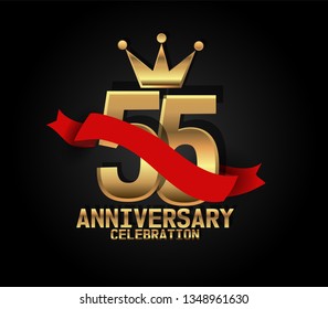 55 years Anniversary golden font with black background and red ribbon, and golden crown. Font with shadow and ribbon on top golden font. crown on the text. simple, luxury, and elegant design