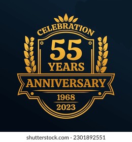 55 years anniversary icon or logo. Vintage birthday banner design. 55th anniversary jubilee celebration badge or label. Vector illustration.
