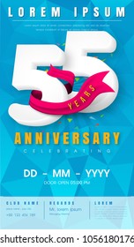 55 years anniversary invitation card or emblem - celebration template design , 55th anniversary modern design elements with  background polygon and pink ribbon - vector illustration.