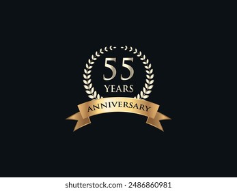 55 Years Anniversary Logo. Celebrating Success. Symbol of Eternal Achievement. Proud Heritage. Logo with Laurel Wreath and Ribbon. Years of Glorious Memories. Jubilee of Joy. Golden Celebratory Crest.
