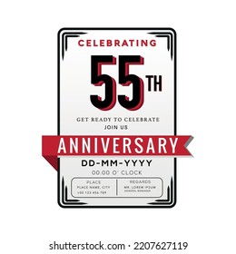 55 Years Anniversary Logo Celebration and Invitation Card with red ribbon Isolated on white Background
