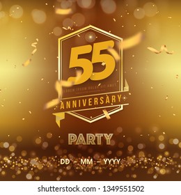 Plantilla de logo de 55 años sobre fondo dorado. 55ª celebración de números dorados con elementos de diseño aislados de cinta roja vectorial y confetti