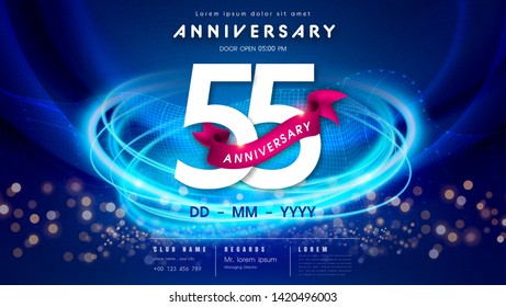 55 years anniversary logo template on dark blue Abstract futuristic space background. 55th modern technology design celebrating numbers with Hi-tech network digital technology concept design elements.