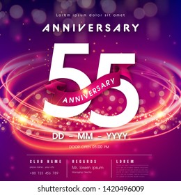 55 years anniversary logo template on purple Abstract futuristic space background. 55th modern technology design celebrating numbers with Hi-tech network digital technology concept design elements.