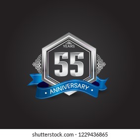 55 years anniversary logotype design with blue ribbon, silver hexagon, and ornament isolated on dark background. Vector template for celebration company event, greeting card, and invitation card