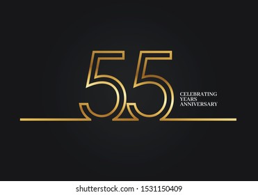 55 Years Anniversary logotype with golden colored font numbers made of one connected line, isolated on black background for company celebration event, birthday - Vector
