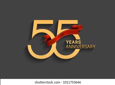 55 years anniversary logotype with red ribbon and golden color for celebration event