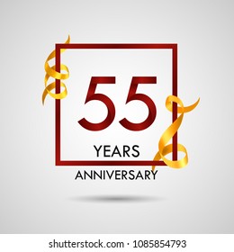 55 years anniversary with red number design inside red square and golden ribbon element, isolated on white background can be used as celebration card