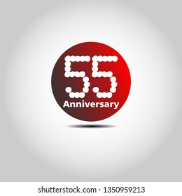 55 years Anniversary with simple bound design. Red bound with shadow. Dots font number. White colour font. My all design can see in my portofolio