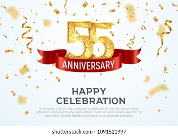 55 years anniversary vector banner template. Fifty-five year jubilee with red ribbon and confetti on white background