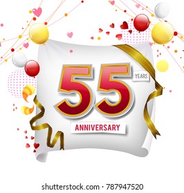 55 years anniversary vector illustration, banner, flyer, logo, icon, symbol. Graphic design element with flag, balloon, ribbon, confetty. Birthday greeting, event celebration