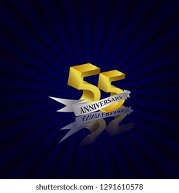 55 years anniversary Vector Template Design with golden color and silver ribbon isolated on blue sunburst background illustration for celebration event - Vector