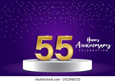 Ilustración de diseño de plantillas vectoriales de 55 años de aniversario. Números 3d azules con escenario de podio para celebración