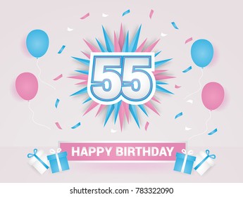 55 Years Colorful Happy Birthday Card Logotype using Paper Cut Style.