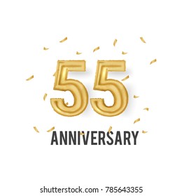 55 Years Golden Aluminum Foil Balloon anniversary logotype with golden confetti isolated on white background