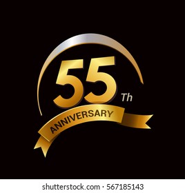 55 years golden anniversary logo celebration with ring and ribbon.