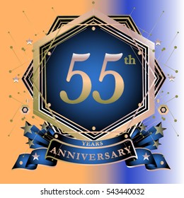 55 years greeting card anniversary with colorful number and frame. logo and icon with circle badge and background