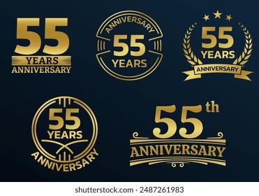 55 years icon or logo set. 55th anniversary celebrating golden sign or stamp. Jubilee, birthday celebration design element. Vector illustration.