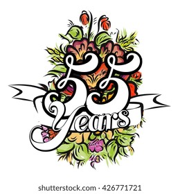 55 Years with nice bouquet of flowers, Greeting Card Design, Vector Hand Drawn Artwork