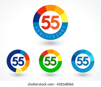 55 years old logotype. Coloured 55 th anniversary set. Abstract isolated graphic design template. Celebrating greetings concept. Congratulating numbers. Financial 55%, 5% percent off modern sign.