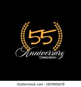 55 Years Old Luxurious Logo. Anniversary Vector Gold Colored Template Framed Of Palms. Greetings Ages Celebrates. Celebrating Laurel Branches