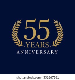 55 Years Old Luxurious Numbers. Congratulations 55th Vector Gold Colored Template Sign Framed By Palms. Greetings Ages Celebrates Celebrating Traditional Branches Fifty Five. Isolated 5th Place Of Win