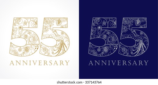 55 Years Old Luxury Celebrating Folk Numbers. Template Gold And Silver Colored 55 Th Happy Anniversary Greetings, Ethnics Flowers, Plants, Paradise Birds. Set Of Tradition Congratulation Patterns.