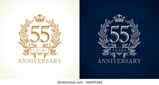 55 Years Old Luxury Logotype. Congratulating 55th Numbers Gold Color Framed In Palms. Heraldic Congrats Concept. Celebrating Tradition Fifty Five Digits. Abstract Isolated Graphic Design Template.