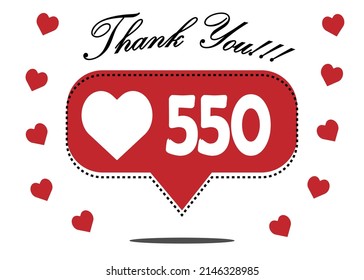 550 likes thank you. red social network notification icon with heart. vector illustration