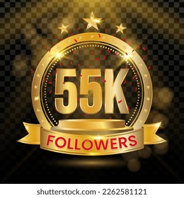 55K Followers Logotype with Gold and red Confetti Isolated on Black Background (PNG), Vector Design for Greeting Card and Social Media.