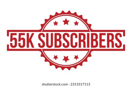 55k Los suscriptores sellan el sello rojo de goma en fondo blanco. Signo de sello de 55k suscriptores. Sello de 55.000 suscriptores.