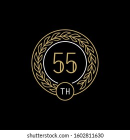 55st anniversary logo with gold and white frame and color. on black background