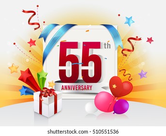 55th anniversary celebration with colorful confetti and balloon with shiny yellow background