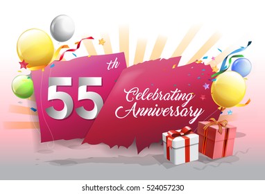 55th anniversary celebration with colorful confetti and balloon on red background with shiny elements. design template for your birthday party.