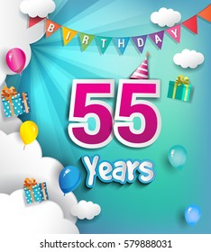 55th Anniversary Celebration Design, with clouds and balloons. using Paper Art Design Style, Vector template elements for your, fifty five years birthday celebration party.